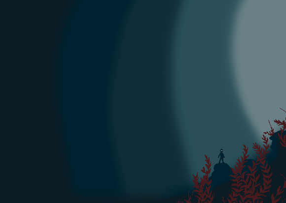 Farvelagt digital Photoshop-tegning inspireret af spillet Limbo.
                             I en mørk, dyster atmosfære ses store planter i forgrunden, 
                             mens en lille figur med lysende øjne står placeret langt tilbage i baggrunden