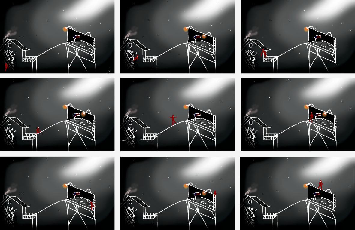 Storyboard i 9 felter tegnet i Photoshop. En lille mand kravler op ad et hus, 
                            og hopper ud på husetes altan. 
                            Han går over en planke til et stort billboard med et billede af Månen og det amerikanske flag, 
                            hvor han stiller sig med hænderne i siden